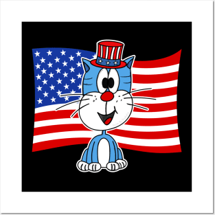 4th July Cat American Flag Posters and Art